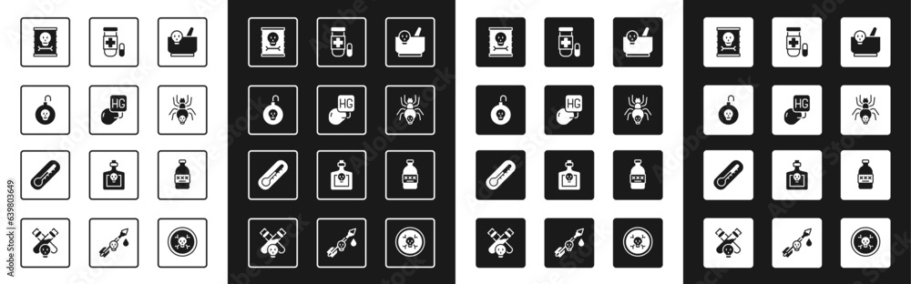 Set Mortar and pestle, Drop of mercury, Nuclear bomb, Radioactive waste in barrel, Poisonous spider, Antidote, Poisoned alcohol and Thermometer icon. Vector Set Mortar and pestle, Drop of mercury, Nuclear bomb, Radioactive waste in barrel, Poisonous spider, Antidote, Poisoned alcohol and Thermometer icon. Vector