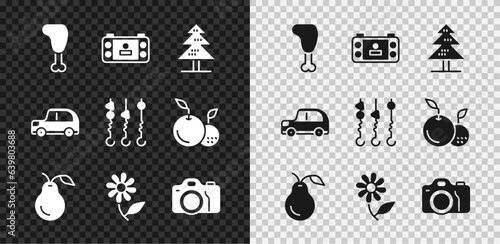 Set Chicken leg, Portable video game console, Tree, Pear, Flower, Photo camera, Car and Grilled shish kebab skewer icon. Vector