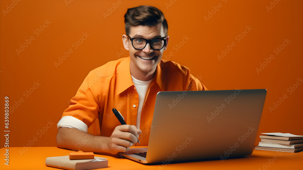 smiling man holding pen and laptop at work wearing orange polo collar shirt smiling man holding pen and laptop at work wearing orange polo collar shirt