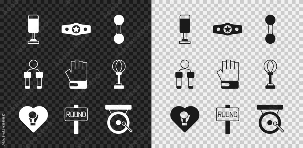 Set Punching bag, Boxing belt, Dumbbell, glove, ring board, gong, Jump rope and MMA icon. Vector Set Punching bag, Boxing belt, Dumbbell, glove, ring board, gong, Jump rope and MMA icon. Vector