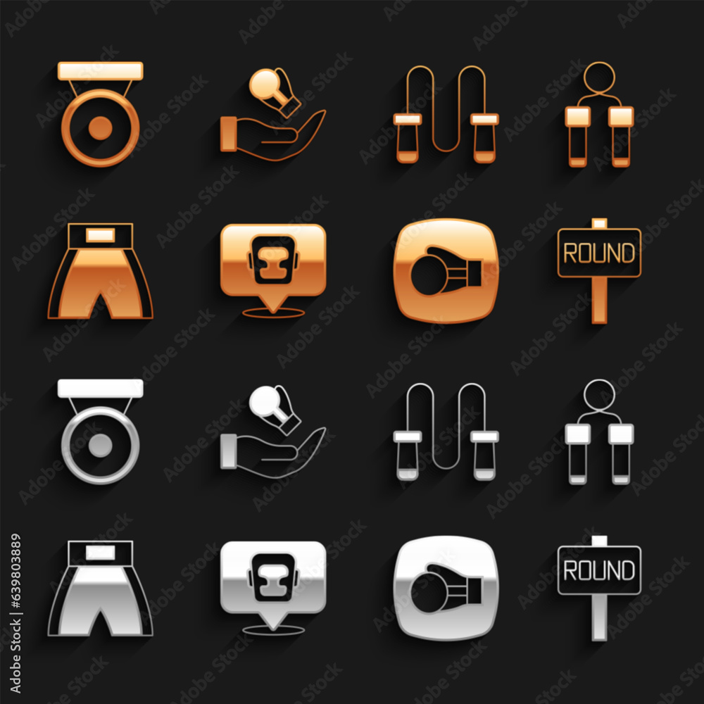 Set Boxing helmet, Jump rope, ring board, glove, short, gong and icon. Vector Set Boxing helmet, Jump rope, ring board, glove, short, gong and icon. Vector