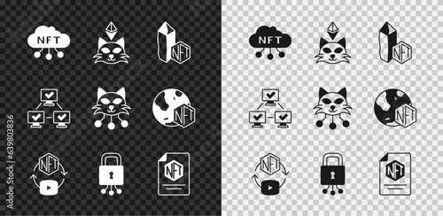 Set NFT cloud, Digital crypto art, Cyber security, contract, blockchain technology and icon. Vector
