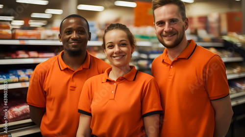 three smiling diverse employees at supermarket job wearing orange polo collar shirt uniform