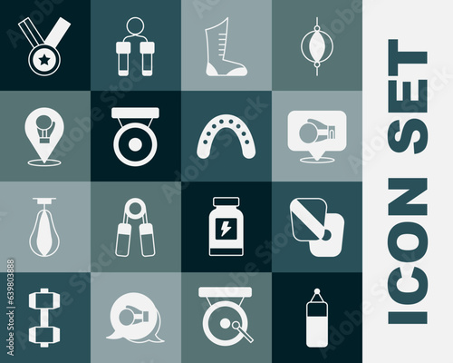Set Punching bag, Boxing training paws, glove, Sport boxing shoes, gong, Medal and Mouth guard boxer icon. Vector
