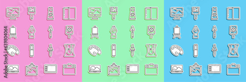 Set line Graphic tablet, Pencil sharpener, Spray can nozzle cap, Tube with paint palette, Fountain nib, Easel or painting art boards, Computer monitor screen and Palette knife icon. Vector