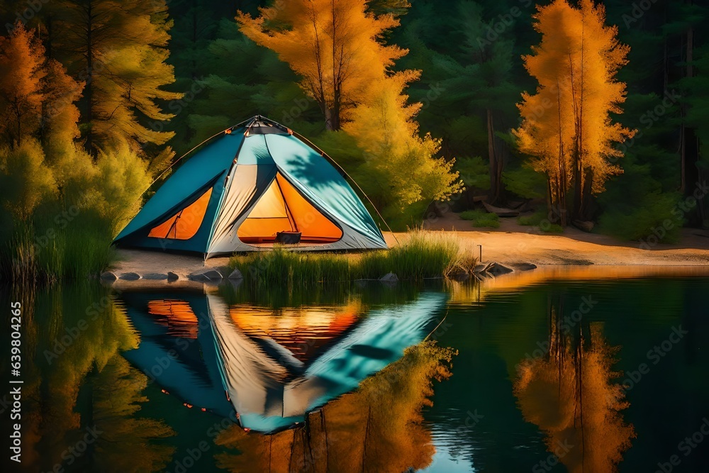 a campsite tent nestled by the calm waters of a pristine lake, reflecting the surrounding trees and the hues of a setting sun