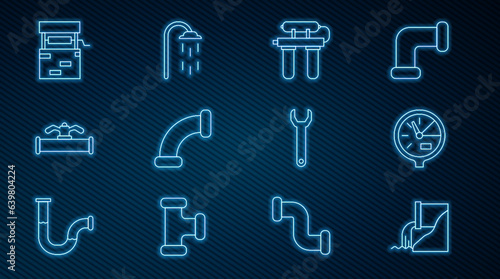 Set line Wastewater, Water meter, filter, Industry metallic pipe, and valve, Well, Wrench spanner and Shower icon. Vector