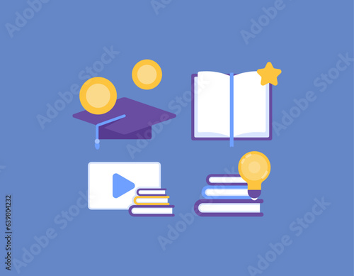 Education. Design concept of online library, educational contents, bookmarks, tuition fees. References and science. Collection or set of symbols or icons. Minimalist 3D illustration design concept