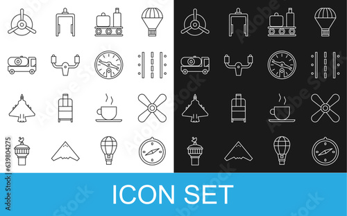 Set line Compass, Plane propeller, Airport runway, conveyor belt with suitcase, Aircraft steering helm, Fuel tanker truck, and icon. Vector