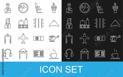 Set line Coffee cup, Helicopter, Jet fighter, Airplane seat, Airport conveyor belt with suitcase, Stewardess, Pilot and runway icon. Vector