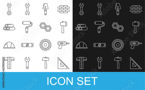 Set line Triangular ruler, Electric drill machine, Wooden axe, Trowel, Paint roller brush, Industry metallic pipe, Wrench spanner and Hexagonal nut icon. Vector photo