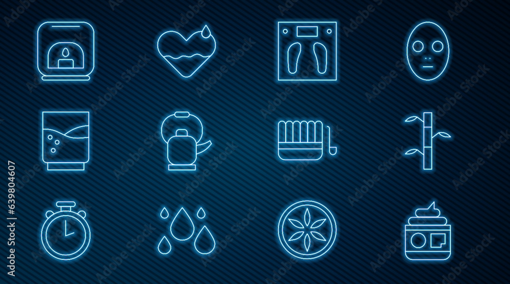 Set line Cream or lotion cosmetic tube, Bamboo stems with leaves, Bathroom scales, Kettle handle, Glass water, Aroma lamp, Sauna bucket ladle and Heart heal icon. Vector Set line Cream or lotion cosmetic tube, Bamboo stems with leaves, Bathroom scales, Kettle handle, Glass water, Aroma lamp, Sauna bucket ladle and Heart heal icon. Vector
