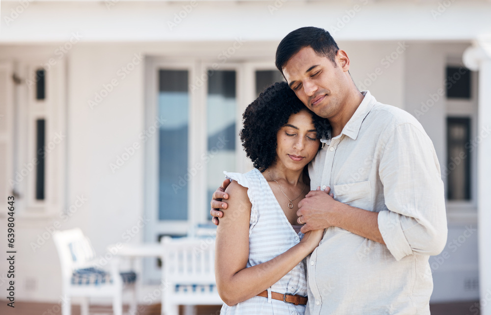 Love, man and woman hug outdoor at dream house, happiness and support in marriage for property investment real estate owner. Couple, people and holding hands outside home for care and trust