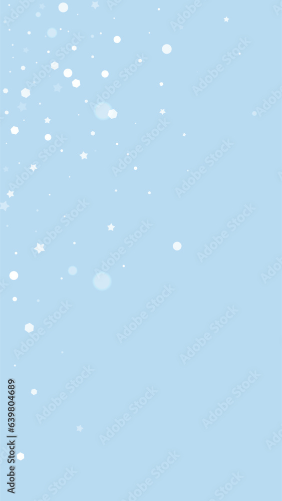 Magic falling snow christmas background. Subtle flying snow flakes and stars on light blue winter backdrop. Magic falling snow holiday scenery.   Vertical vector illustration.
