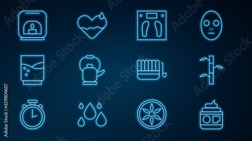 Set line Cream or lotion cosmetic tube, Bamboo stems with leaves, Bathroom scales, Kettle handle, Glass water, Aroma lamp, Sauna bucket ladle and Heart heal icon. Vector