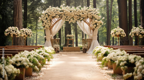 Beautiful place made with wooden square and floral decorations for outside wedding ceremony in wood