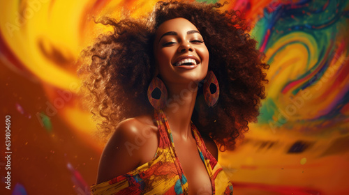 Beautiful woman with afro hair smiling on bright background, smiling portrait