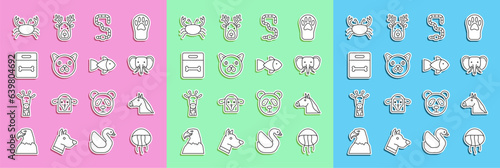 Set line Jellyfish, Horse head, Elephant, Worm, Cat, Dog bone, Crab and Fish icon. Vector