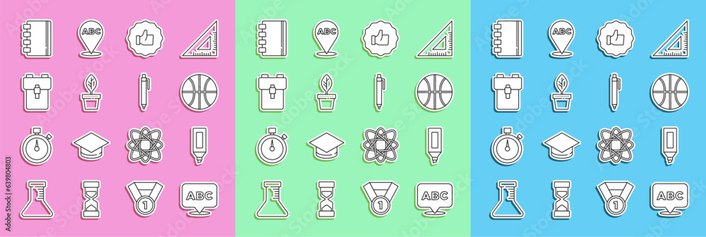 Set line Alphabet, Marker pen, Basketball ball, Hand thumb up, Plant in pot, School backpack, Spiral notebook and Pen icon. Vector Set line Alphabet, Marker pen, Basketball ball, Hand thumb up, Plant in pot, School backpack, Spiral notebook and Pen icon. Vector