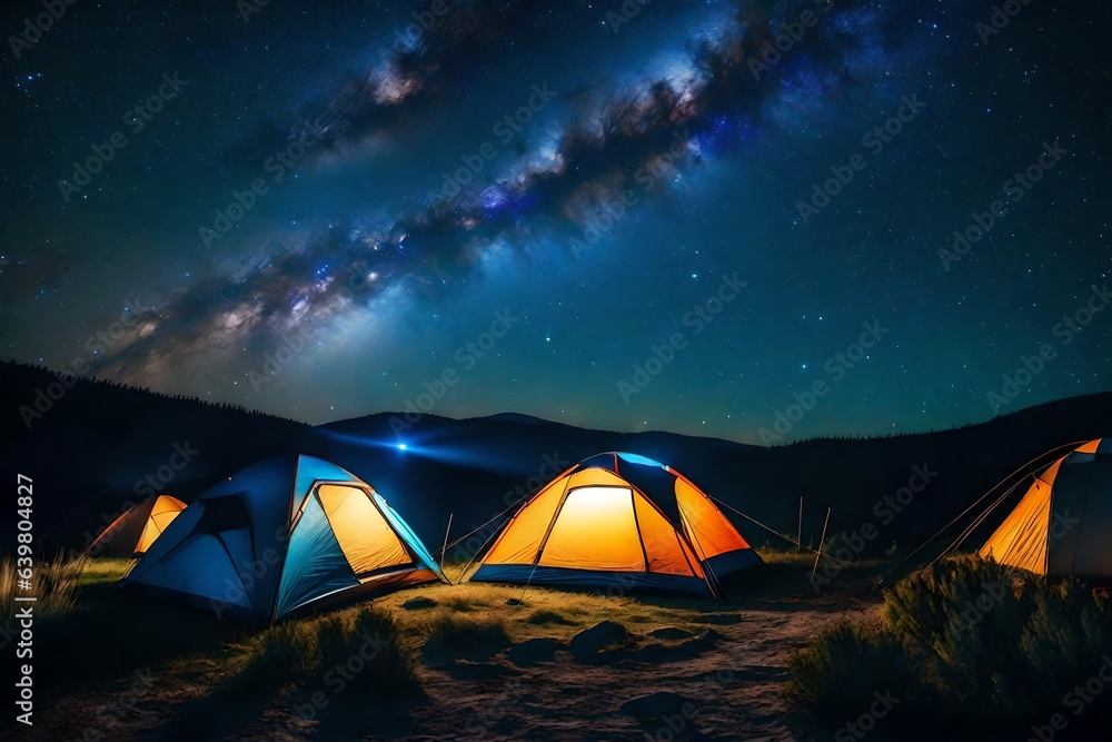 a campsite deep in the wilderness, illuminated by a brilliant starry sky, showcasing the serenity and magic of spending nights in nature