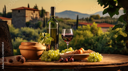 Bottles and wineglasses with grapes and barrel in green Toscana hills  scene background