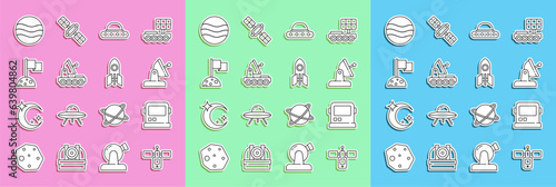 Set line Satellite, Astronaut helmet, dish, UFO flying spaceship, Mars rover, Moon with flag, Planet and Rocket icon. Vector