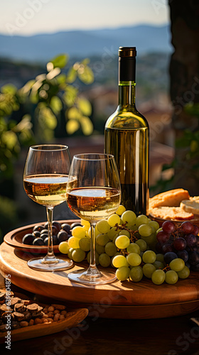 Bottles and wineglasses with grapes and barrel in green Toscana hills  scene background