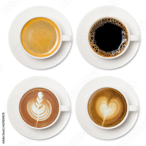 Coffee cup assortment top view collection, coffee cup assortment top view collection isolated on white background.