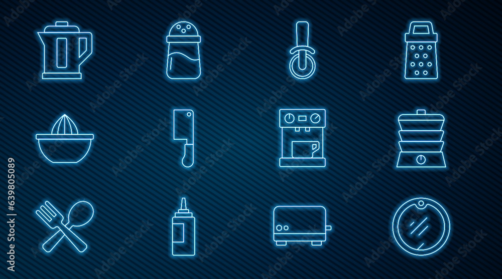 Set line Cutting board, Slow cooker, Pizza knife, Meat chopper, Citrus fruit juicer, Electric kettle, Coffee machine and Salt icon. Vector Set line Cutting board, Slow cooker, Pizza knife, Meat chopper, Citrus fruit juicer, Electric kettle, Coffee machine and Salt icon. Vector