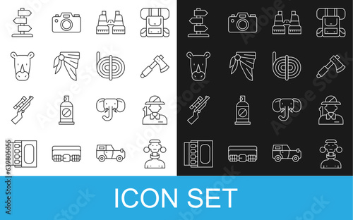 Set line African tribe male, Hunter, Wooden axe, Binoculars, Bandana or biker scarf, Rhinoceros, Road traffic sign and Climber rope icon. Vector