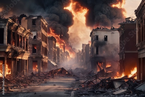 A city street in ruins with buildings on fire and smoke in the sky 