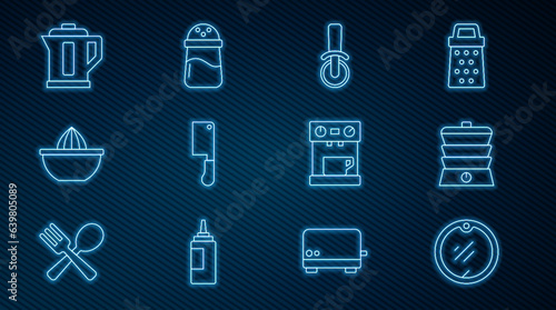 Set line Cutting board, Slow cooker, Pizza knife, Meat chopper, Citrus fruit juicer, Electric kettle, Coffee machine and Salt icon. Vector