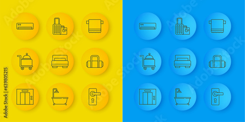 Set line Lift, Covered with tray, Hotel room bed, Door handle, Suitcase, Air conditioner, Towel hanger and icon. Vector