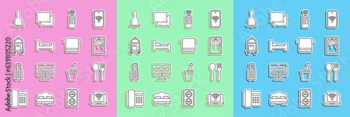 Set line Wireless laptop, Fork and spoon, Shower cabin, Remote control, Hotel room bed, Suitcase, service bell and Towel hanger icon. Vector