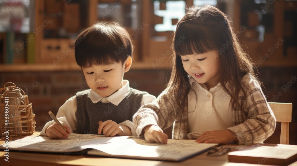 A little boy and a little girl studying maths A little boy and a little girl studying maths