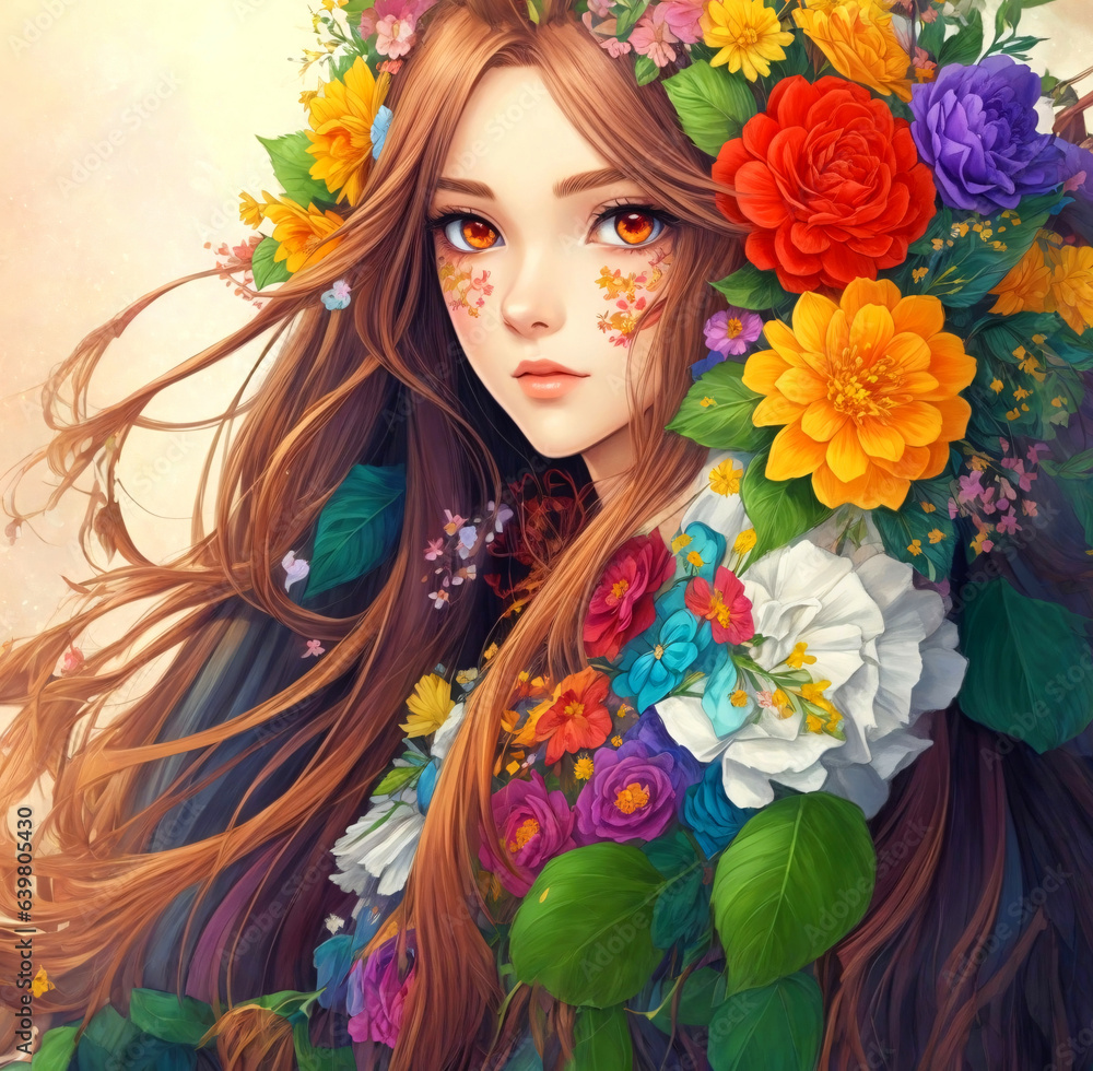 Portrait of a woman with long flowing hair decorated with colorful flowers. Portrait of a woman with long flowing hair decorated with colorful flowers.
