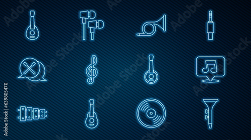 Set line Drum and drum sticks  Music note  tone  Trumpet  Treble clef  Guitar  Banjo and Air headphones icon. Vector