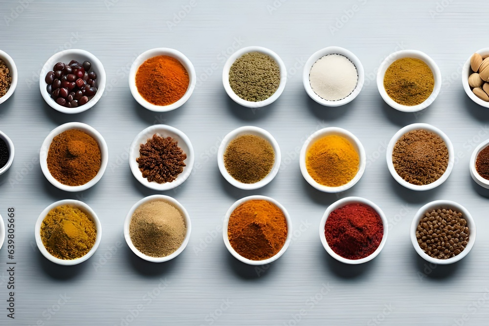 different spices and herbs in cups on white background different spices and herbs in cups on white background