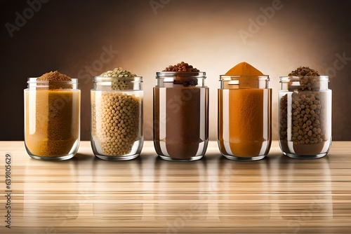 Different seasonings in bottles. Spice background on the table