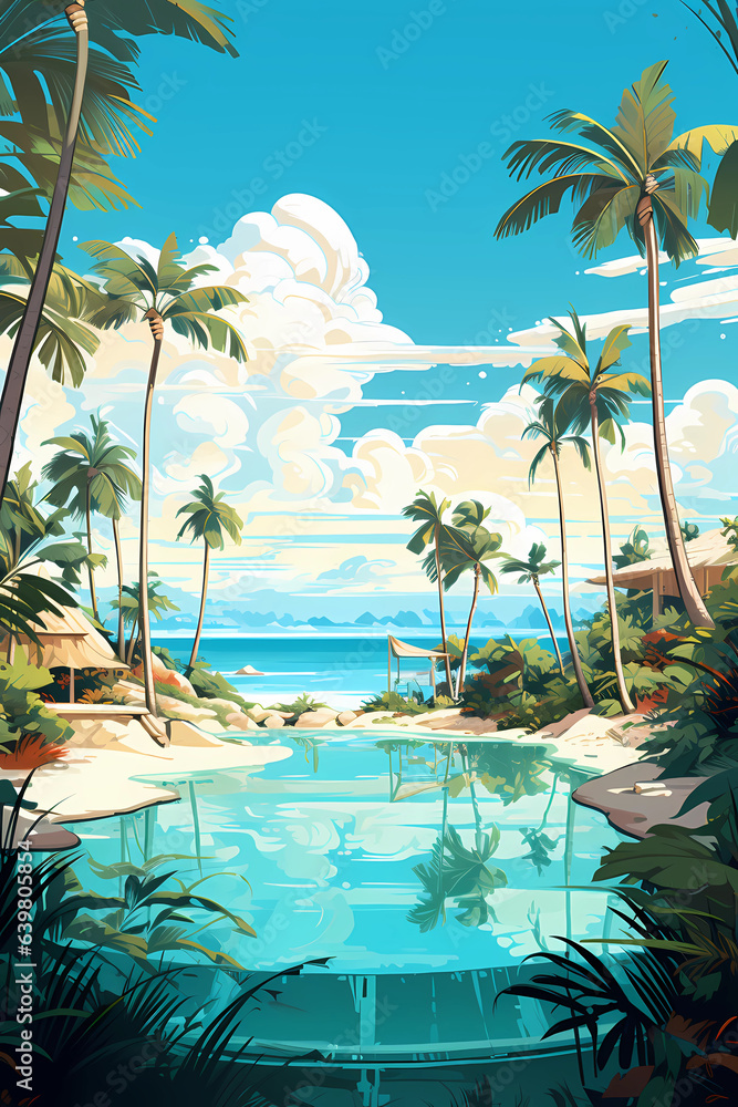 Illustration of a beautiful view of a tropical island