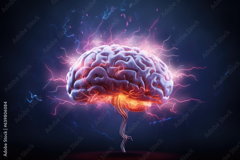Human brain with lightning on dark background. 3D Rendering. Brainstorming concept. 3D illustration of human brain with lightning, AI Generated - obrazy, fototapety, plakaty 