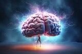 Brainstorming concept as a human brain with lightning in the background as a 3D illustration. Brainstorming concept with human brain and lightning, 3d illustration, AI Generated