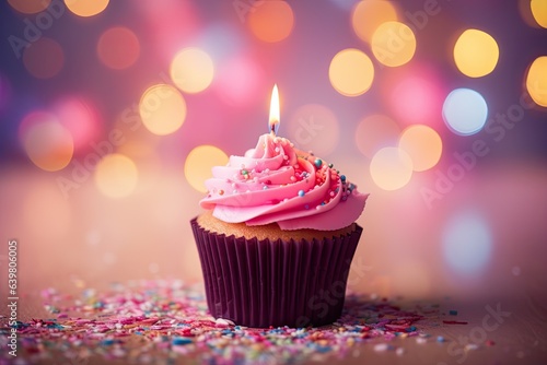 Birthday cupcake with pink buttercream frosting and colorful sprinkles on bokeh background, Birthday cupcake with candles on pink background with bokeh, AI Generated