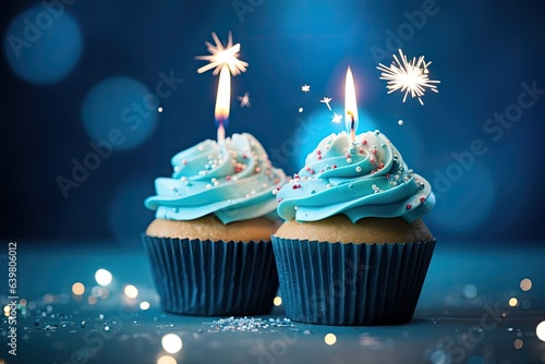 Cupcakes with blue buttercream frosting and sparklers on blue background  Birthday cupcakes with candles on a blue background with confetti  AI Generated