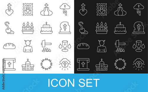 Set line Religious cross in circle, Christian chalice, Grave with tombstone, Church tower, Burning candle candlestick, Magic staff, heart and Ark of noah icon. Vector