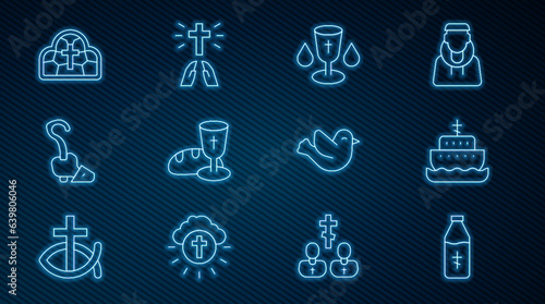 Set line Holy water bottle, Ark of noah, Christian chalice, Goblet and bread, Magic staff, Stained glass, Dove and Hands praying position icon. Vector