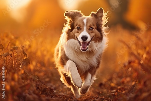 Border collie dog running in the autumn field. Beautiful red border collie dog outdoors. Border collie dog running in the autumn meadow. Pet animals, AI Generated © Ifti Digital