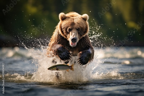 Brown bear chasing a salmon in the water. Scientific name, Ursus arctos. Brown bear catches a salmon in the river, AI Generated