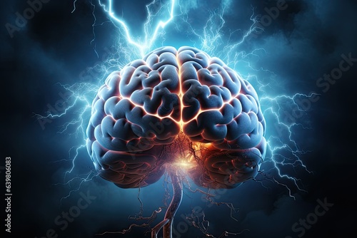 Fototapete Human brain with thunderbolt, 3D illustration, computer generated image, Brainst