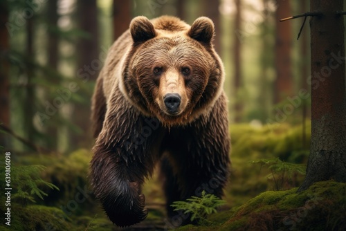 Brown bear walking in the forest. Wildlife scene. Scientific name: Ursus arctos. Brown bear in the forest, close-up of a wild animal, AI Generated